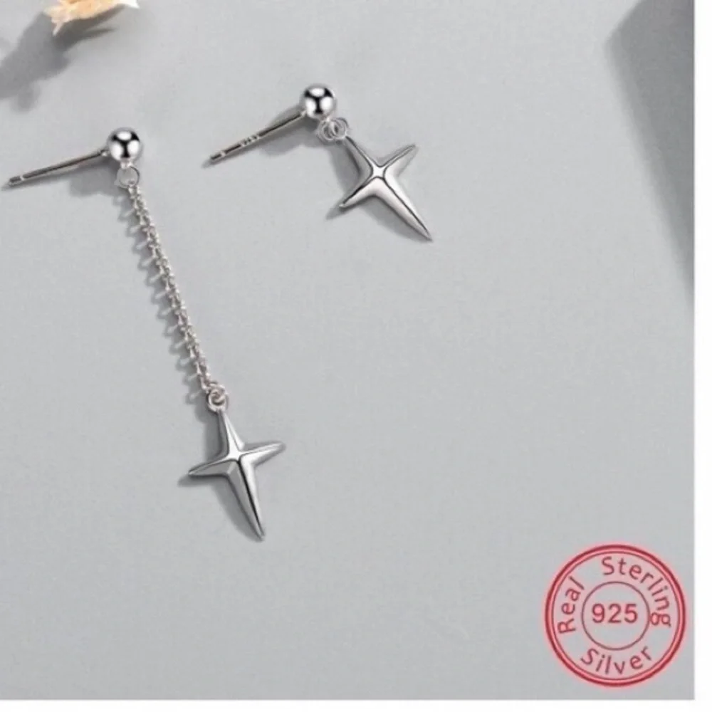 Asymmetric Cross Drop Earring 925 Sterling Silver Chain Dangle Earring Long